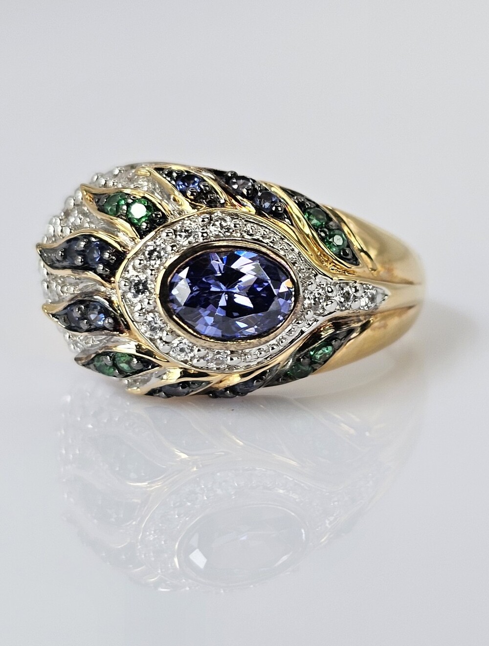 Retired Victoria Wieck Peacock Ring Multiple Gemstones Yellow Gold Vermeil  Sz 6